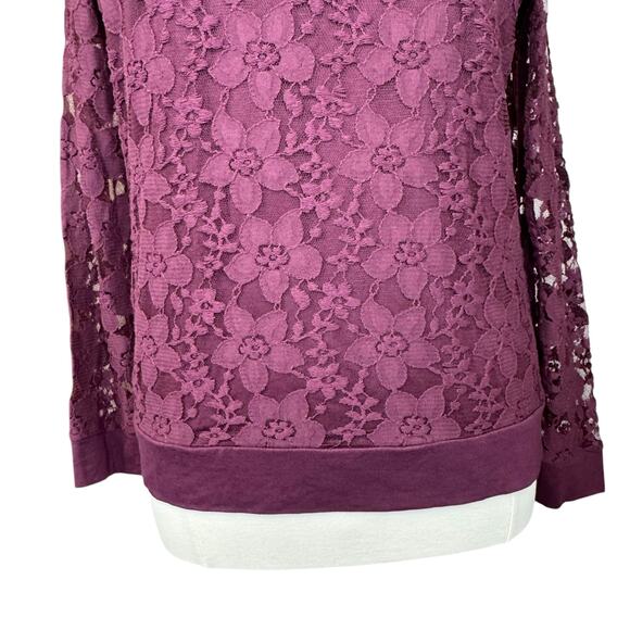 Adrianna Papell Lace Overlay Crew Neck Long Sleeve Top in Merlot Women's Large - Picture 9 of 15